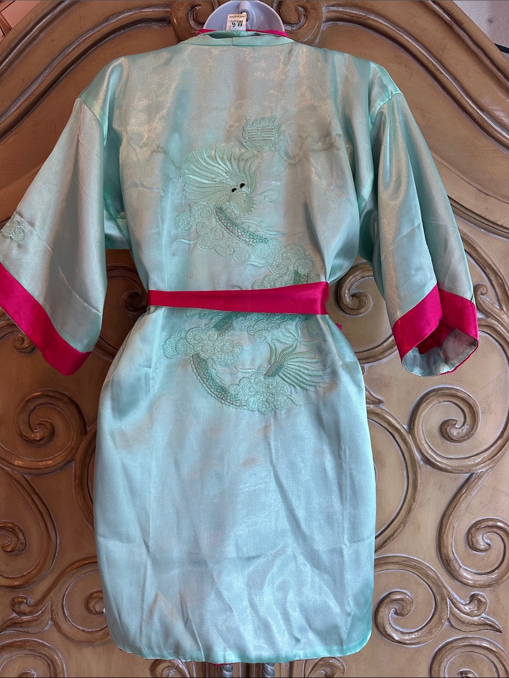 Pink Reversible Kids Kimono Robe with Mint Trim - Elegant Lounge Robe - Picture 8 of 12